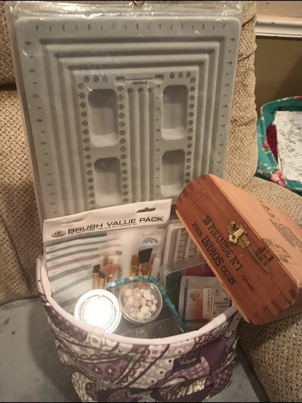 Wooden Jewelry Storage Box with Assorted Beads - Brown